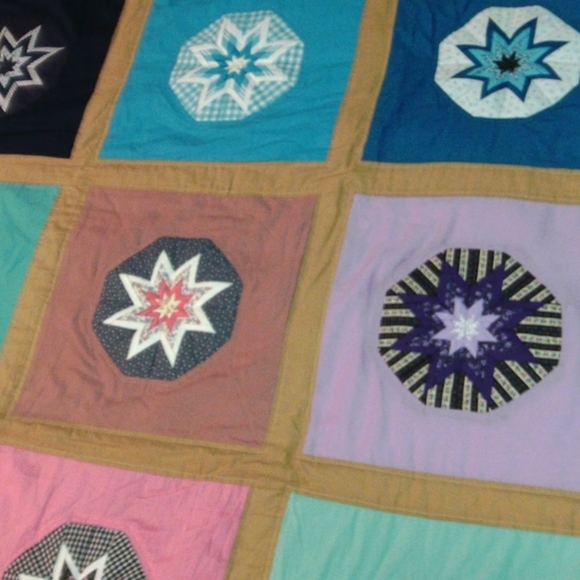 Folded Stars hand quilted bedspread blanket multi color full heavy unique burst - Picture 12 of 16